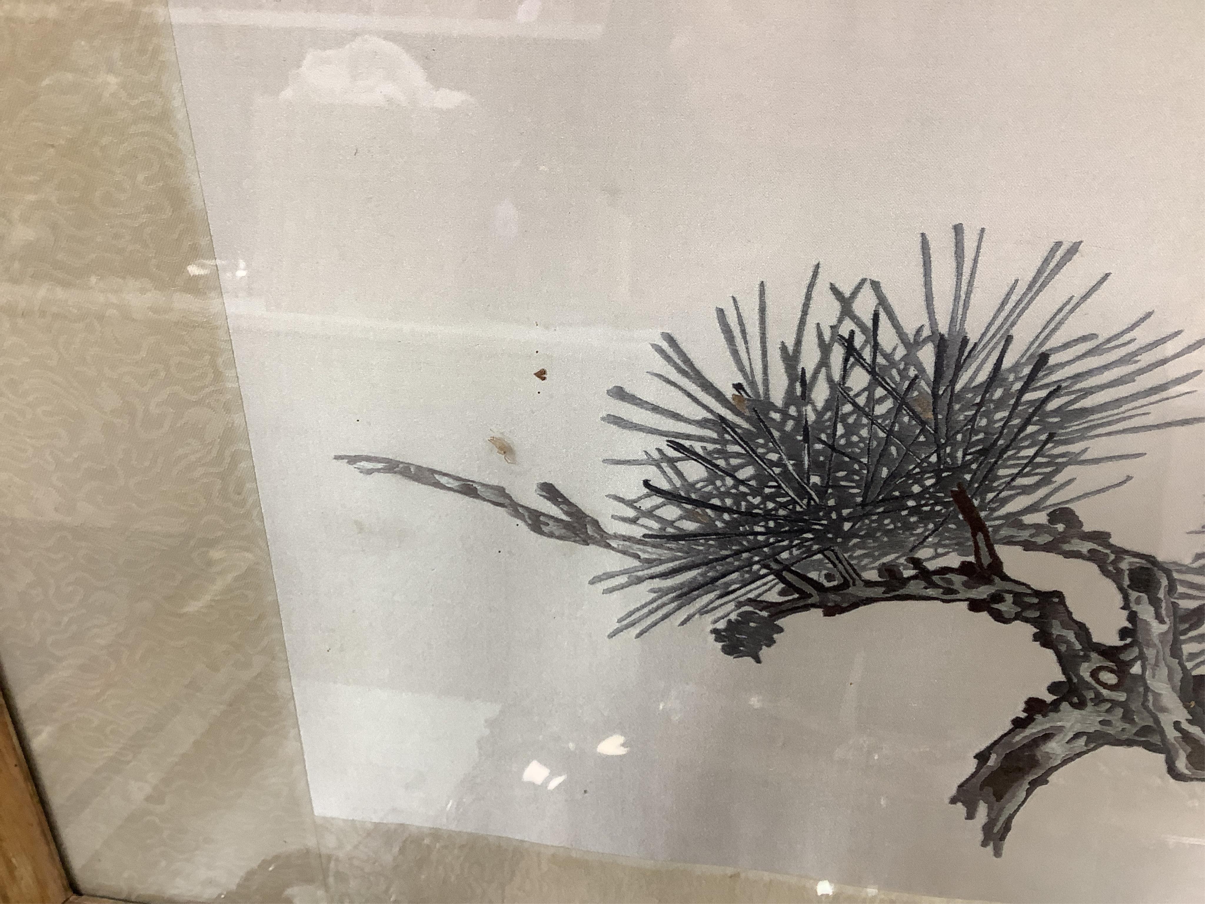 Seven Chinese embroideries on silk, mountainous landscapes and birds, largest 121cm high
